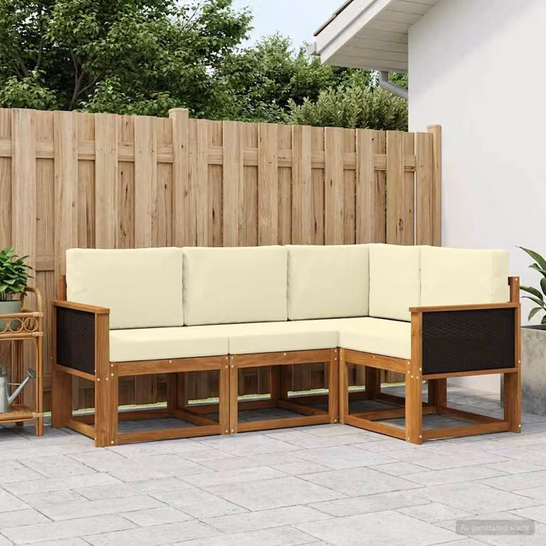 Set di divani da esterno vidaXL a forma di L composto da 4 pezzi in legno di acacia con cuscini beige e bianchi in poliestere resistente ai raggi UV