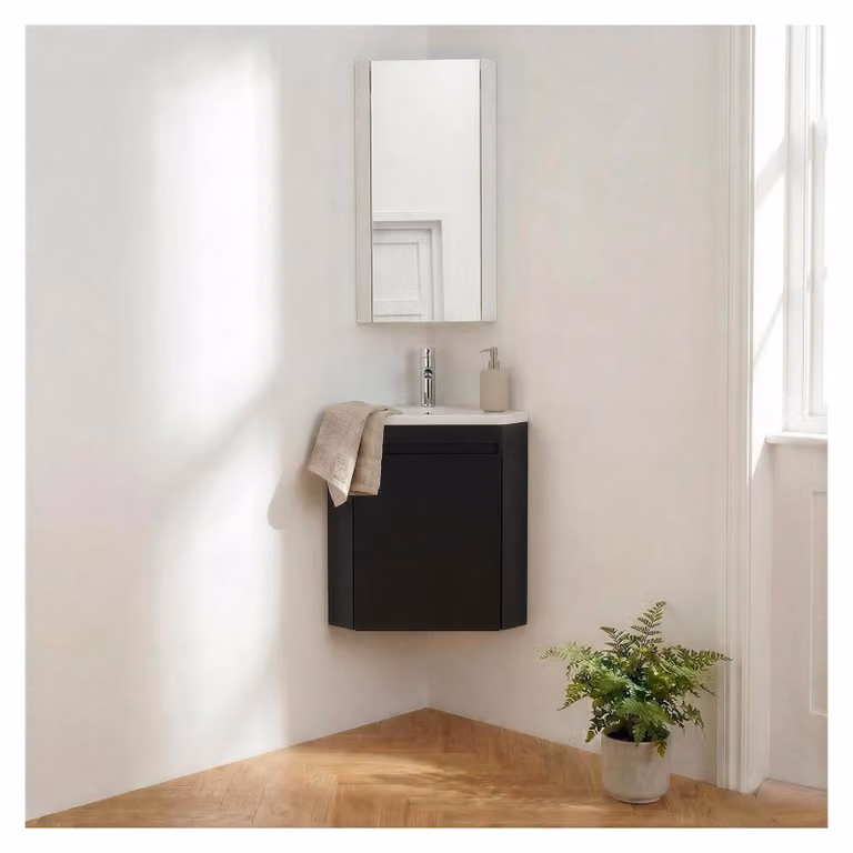 Set lavamani d'angolo sospeso, lavabo, rubinetto e pensile LISA