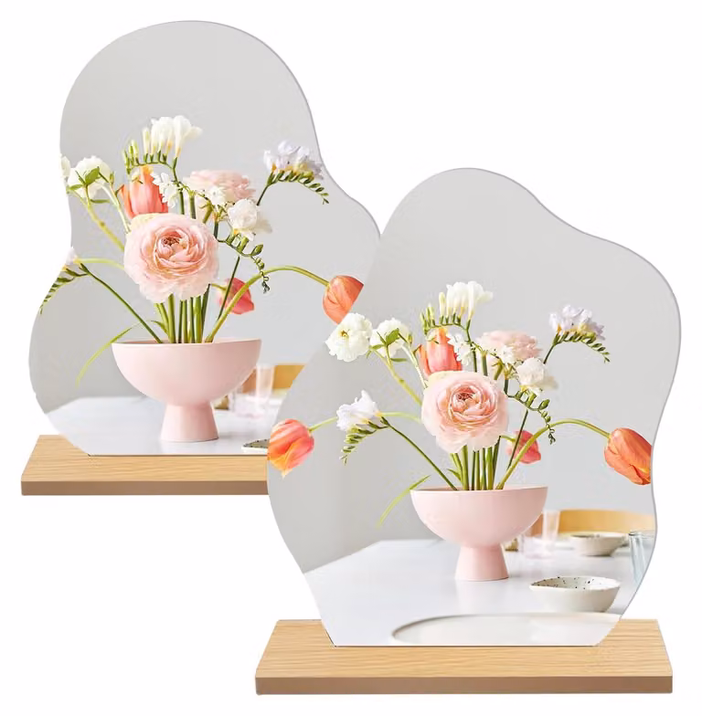 Specchio da trucco in acrilico, set da 2 pezzi, con base in legno, dimensioni 24x20 cm