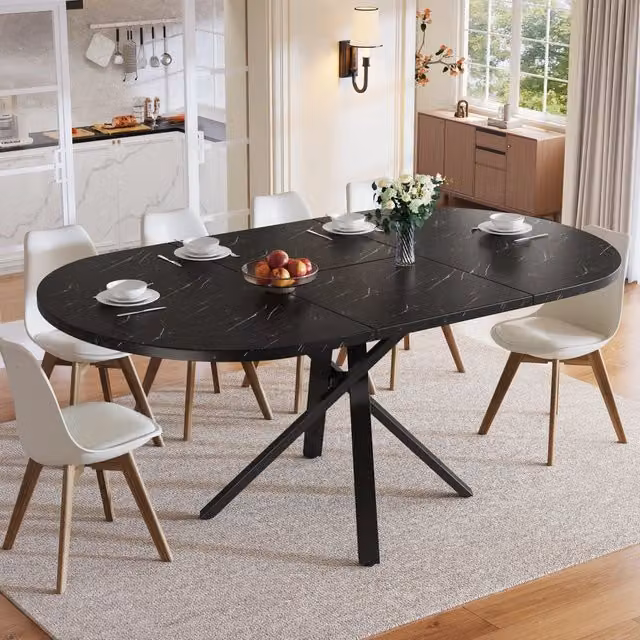 Tavolo rotondo allungabile REDOM in MDF laminato e metallo nero con struttura a X