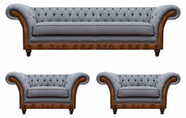 Chesterfield Grau-Braune Sofagarnitur Designer 2x Sessel Edler Dreisitzer
