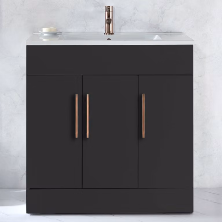 Mobile Bagno a Terra Grigio Nero da 810mm con Lavabo e Maniglie con Barra a T in Bronzo Spazzolato - Cluo