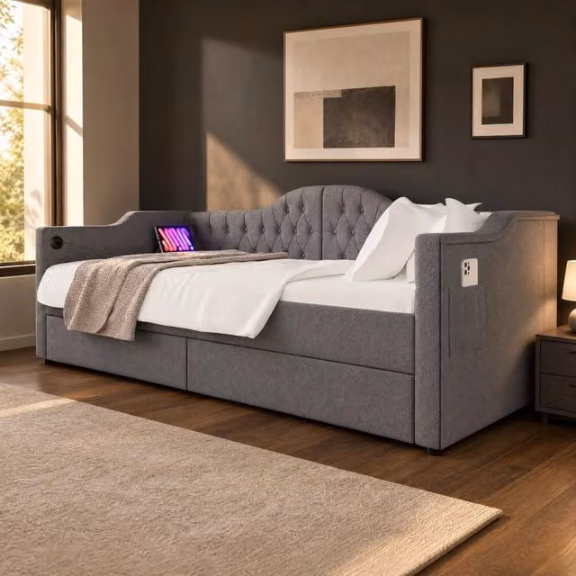 Letto da giorno imbottito 90x200 cm con 2 cassetti; USB e Type-C; grigio in lino