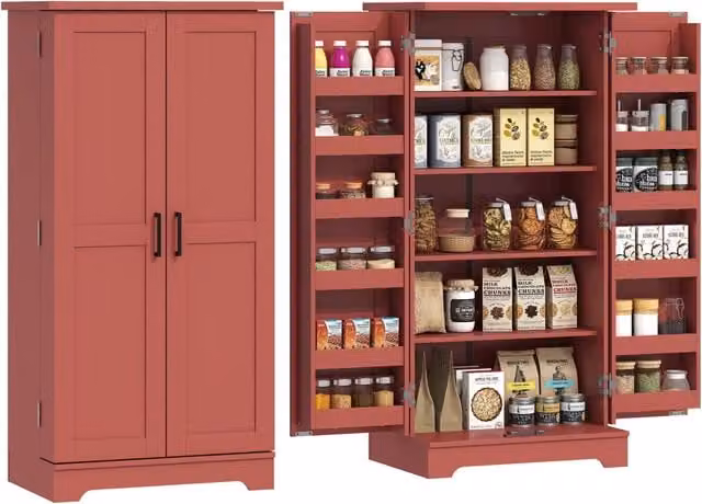 Credenza da cucina Xylo con 5 ripiani e ante regolabili in effetto legno rosso, L: 60 cm, P: 40 cm, H: 120 cm