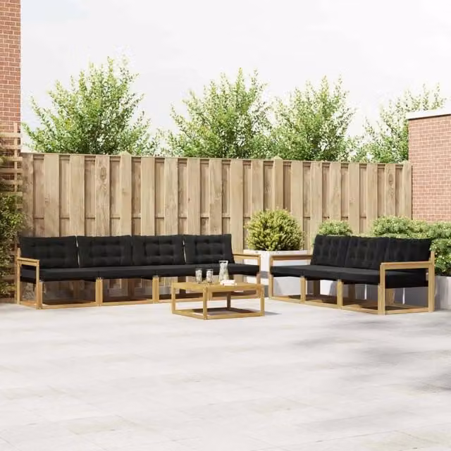 Set di divani da esterno vidaXL in legno di acacia con tavolino e cuscini, 8 pezzi, Bianco e Nero – 1