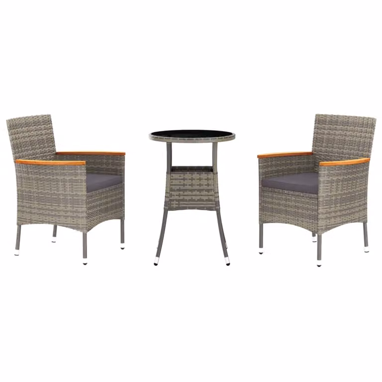 Set Bistrò da Giardino 3 pz con Cuscini in Polyrattan Grigio
