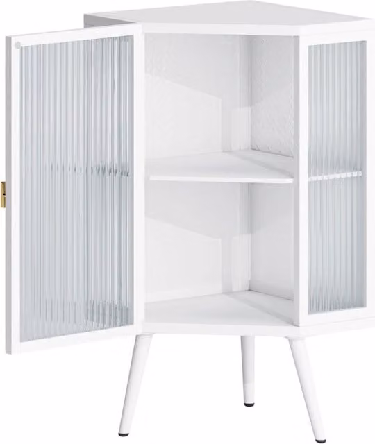 Mobile angolare bianco 80 cm con due livelli, ante in vetro temperato e ripiani, per bagno, soggiorno e camera da letto