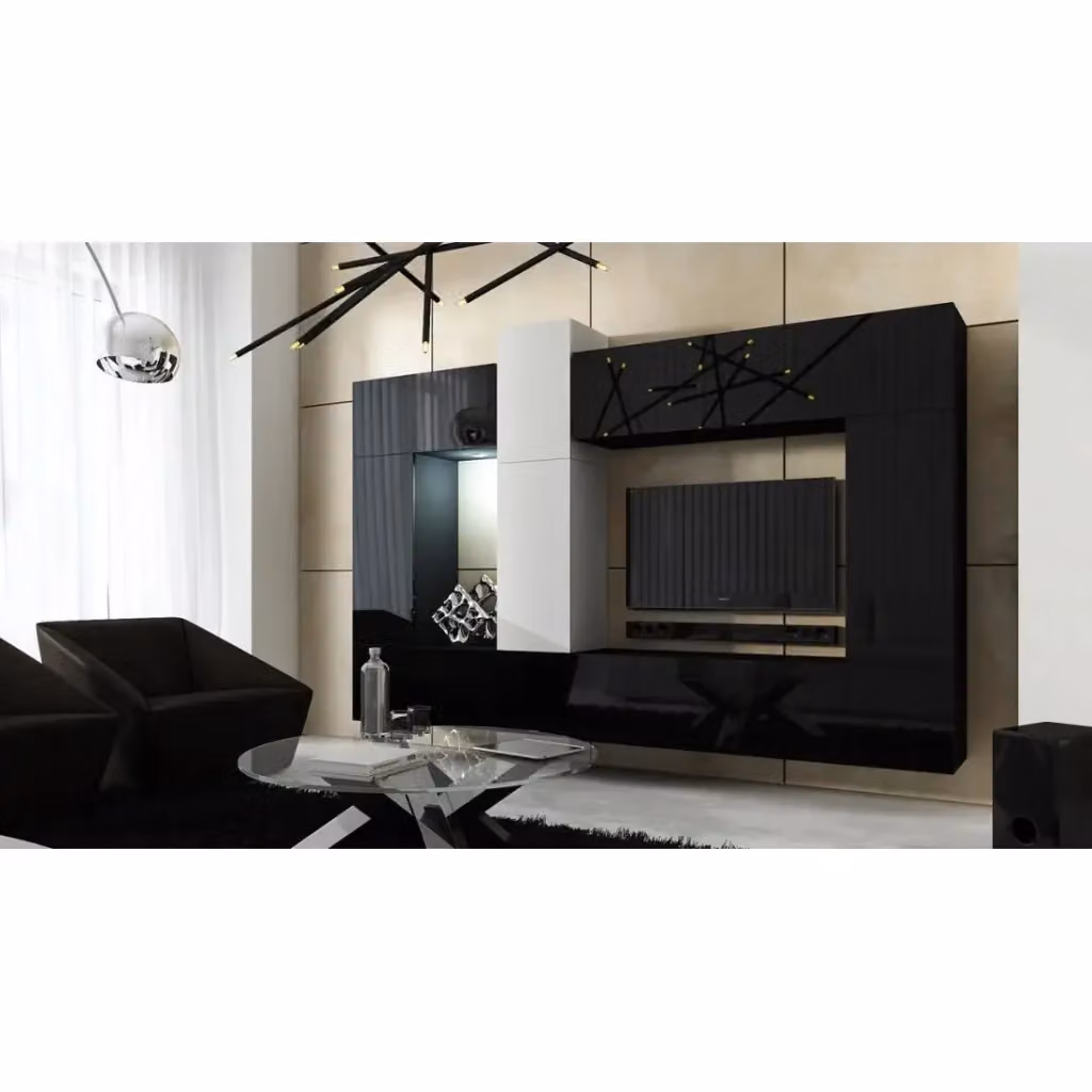 Set modulare di mobili da soggiorno sospesi Meublorama collezione CEPTO XXII, 10 pezzi, nero e bianco con illuminazione LED integrata, L: 273 cm – 2
