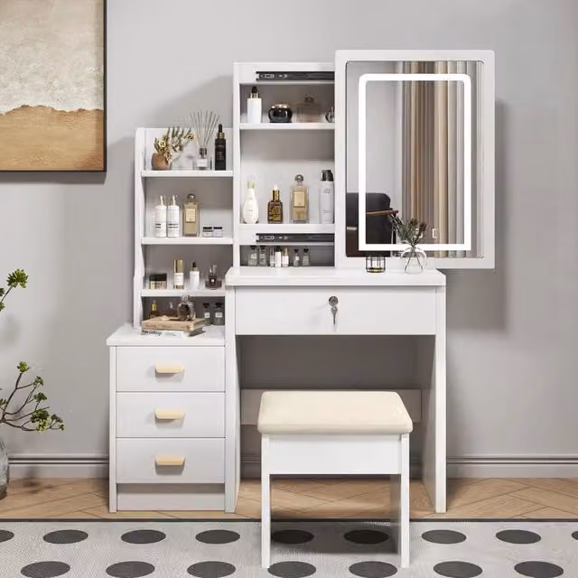TOELETTA con specchio LED e sgabello, 4 cassetti, bianco