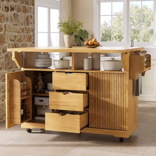 Carrello da cucina con piano allungabile, metallo e MDF, 142,5 x 80 x 95 cm, 3 cassetti e ruote bloccabili