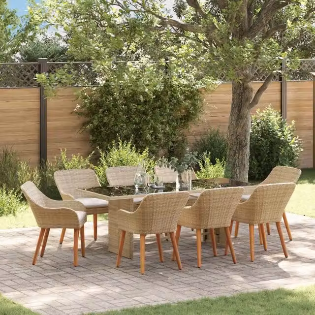 Set da pranzo per giardino e terrazzo vidaXL in polyrattan beige, 9 pezzi