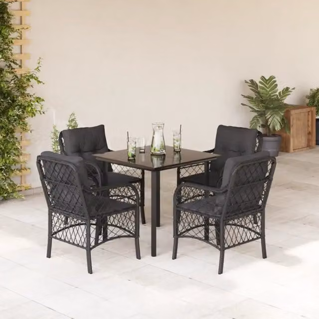 Set da Pranzo da Giardino 5 pz Nero con Cuscini in Polyrattan 3212104