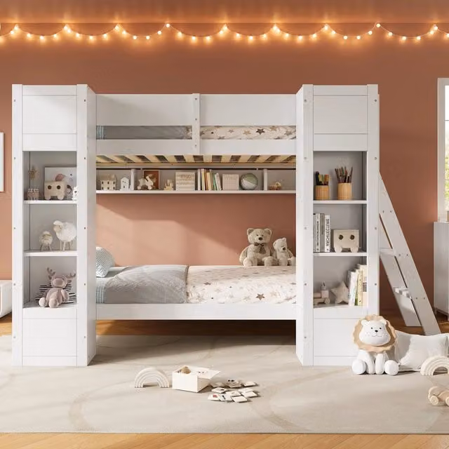 Letto a castello bianco 90x200 cm in legno e MDF con armadietti; ripiani e scala reversibile per cameretta