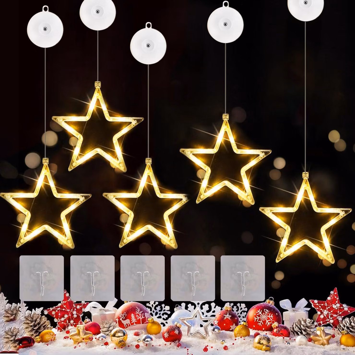 5 luci a LED a forma di stella, luce bianca calda, per decorare le finestre