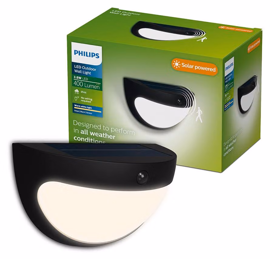 Philips Applique Swyn 3,8 W, Nero, Plastica, III, Stile contemporaneo, Garage, Giardino, Terrazza, Rilevatore di movimento, Sensore giorno/notte