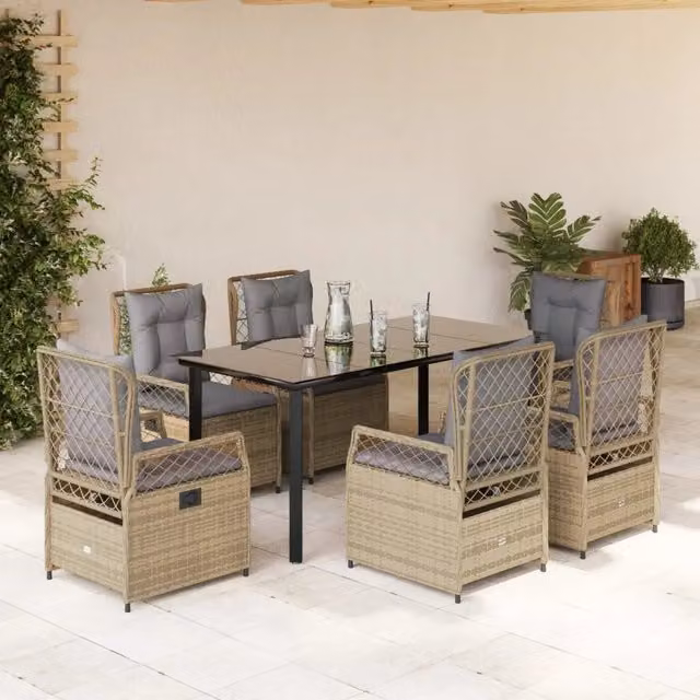 Set da Pranzo da Giardino 7 pz con Cuscini Beige in Polyrattan 3263010