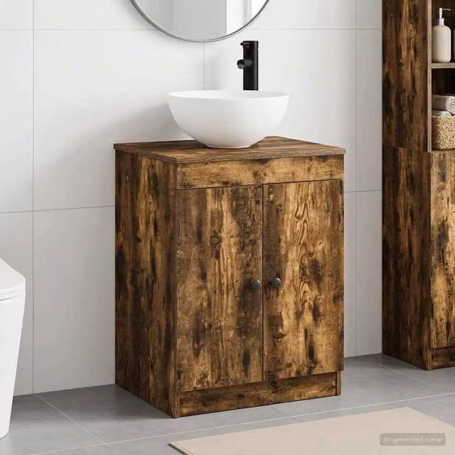 Set di mobili per il bagno moderno vidaXL in legno e metallo color rovere fumo marrone con ante a battente e ripiani interni freestanding