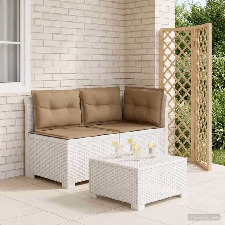 Divano da giardino a 2 posti vidaXL con cuscini beige e bianco in aspetto rattan e rivestimento resistente alle intemperie