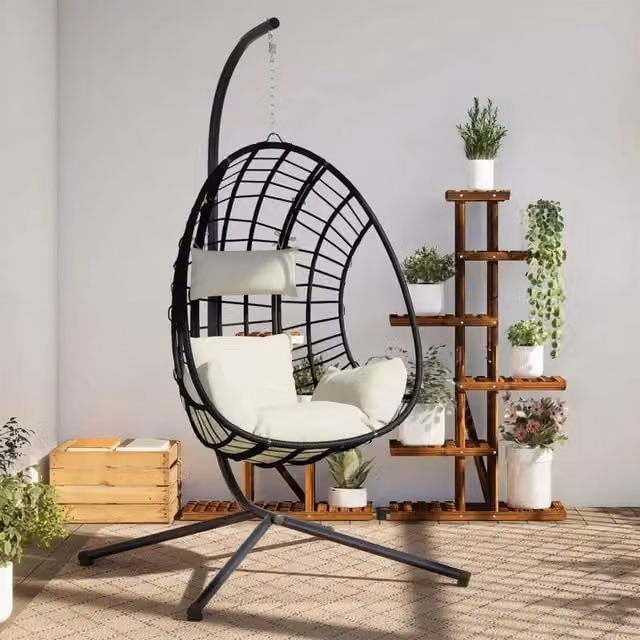 Sedia a Uovo Sospesa con Supporto Beige in Polyrattan e Acciaio 4007411