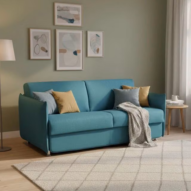 Divano Letto 2 Posti Verceia DMORA Azzurro con Coperture Sfoderabili e Contenitore, Made in Italy