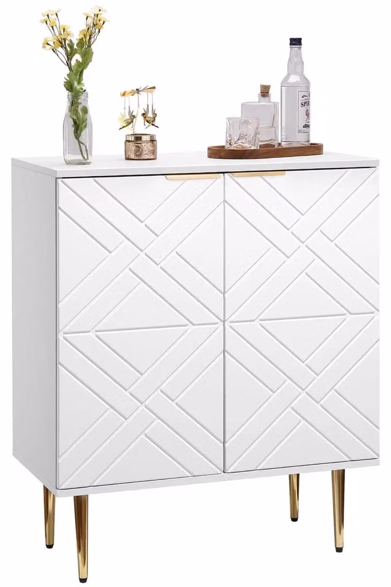 Mobiletto decorativo – Credenza/Buffet e armadietto portaoggetti – 2 ante – Struttura in legno – Frontali decorati – Modello da pavimento – Adatto per soggiorno, sala da pranzo, camera da letto – Luce bianco caldo