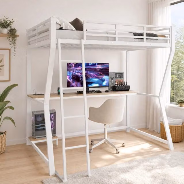 Letto a soppalco 140x200 cm con illuminazione LED, scrivania, mensola per PC, prese elettriche e USB, con ringhiera e scala, bianco, senza materasso