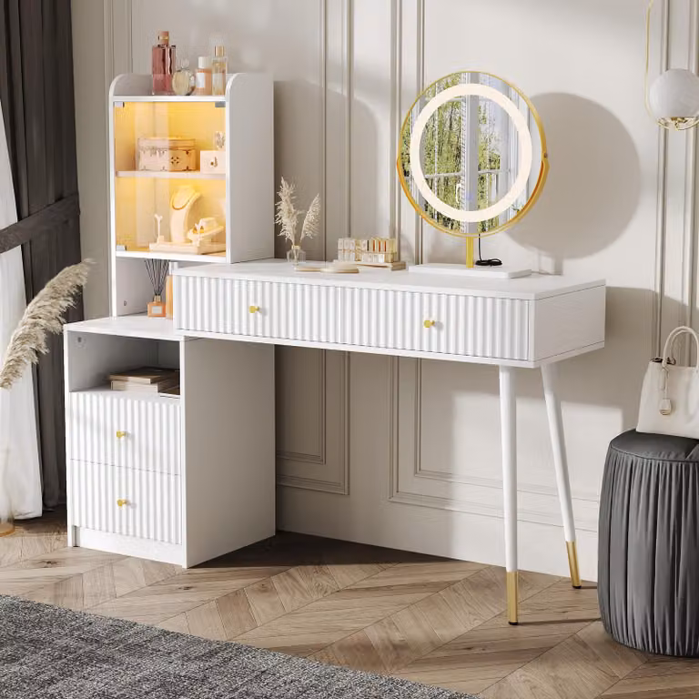 Tavolo da trucco Fliek con specchio e armadio, comò da trucco Comò da toeletta con cassetti e vani portaoggetti aperti, specchio con LED, bianco