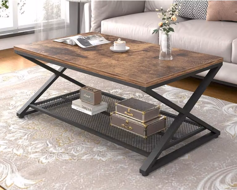 Tavolino rettangolare con vano portaoggetti in legno metallo vintage retro 100 x 60 x 45 cm