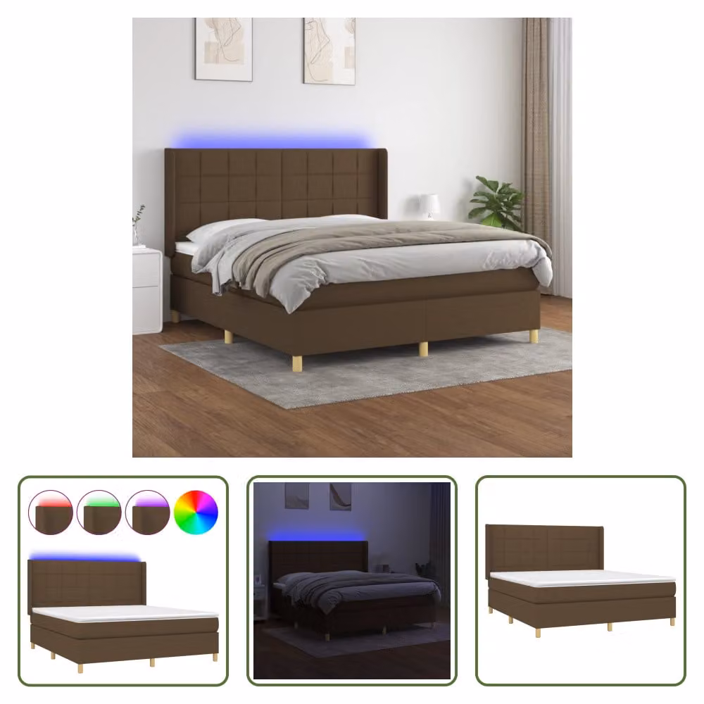 The Living Store Letto a molle con materasso e LED in tessuto marrone scuro 160x200 cm