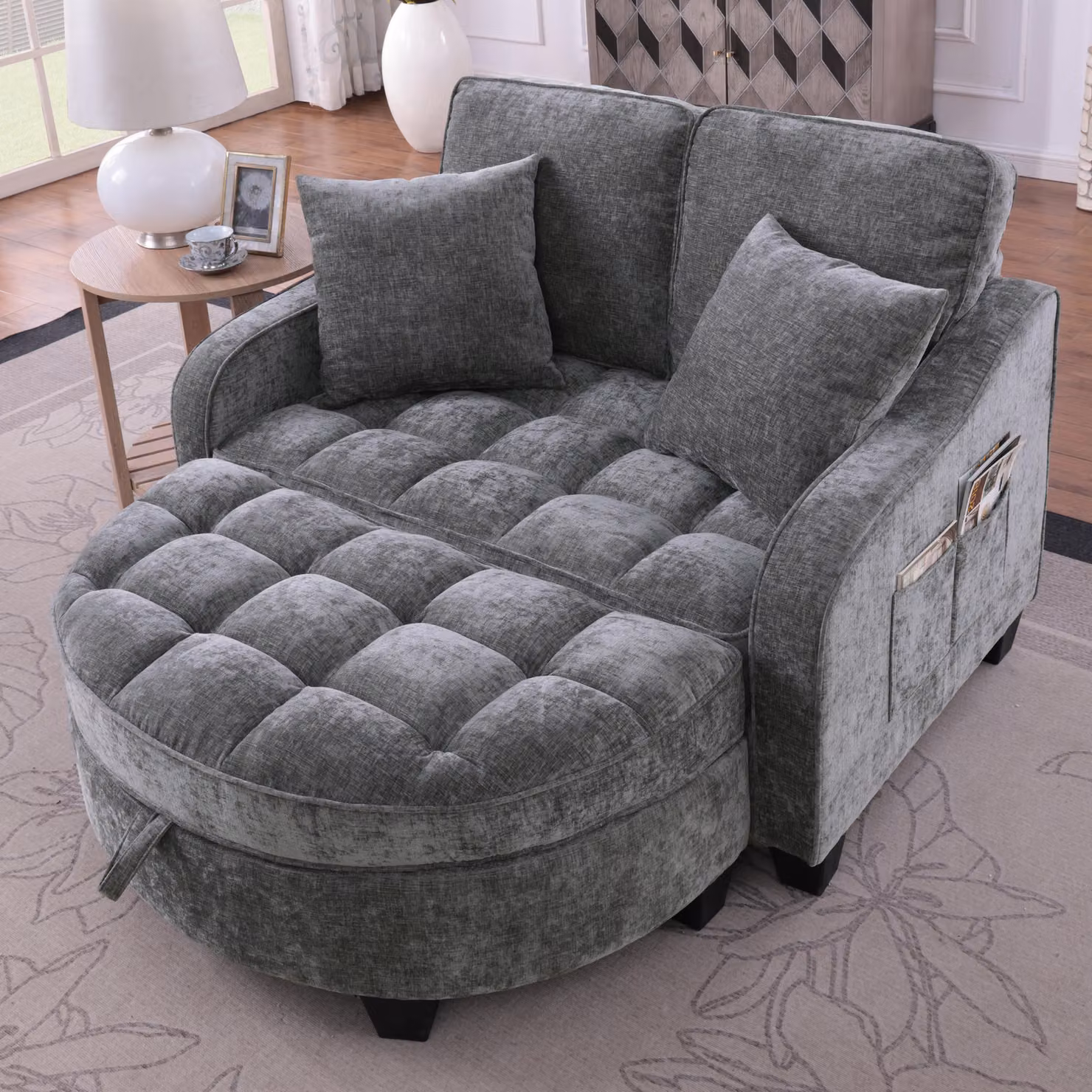Divano multifunzionale 2-in-1, trasformabile in letto, con poggiapiedi contenitore, realizzato con materiali delicati sulla pelle, in legno di eucalipto, ideale per piccoli salotti, studi o camere da letto. Colore: grigio scuro