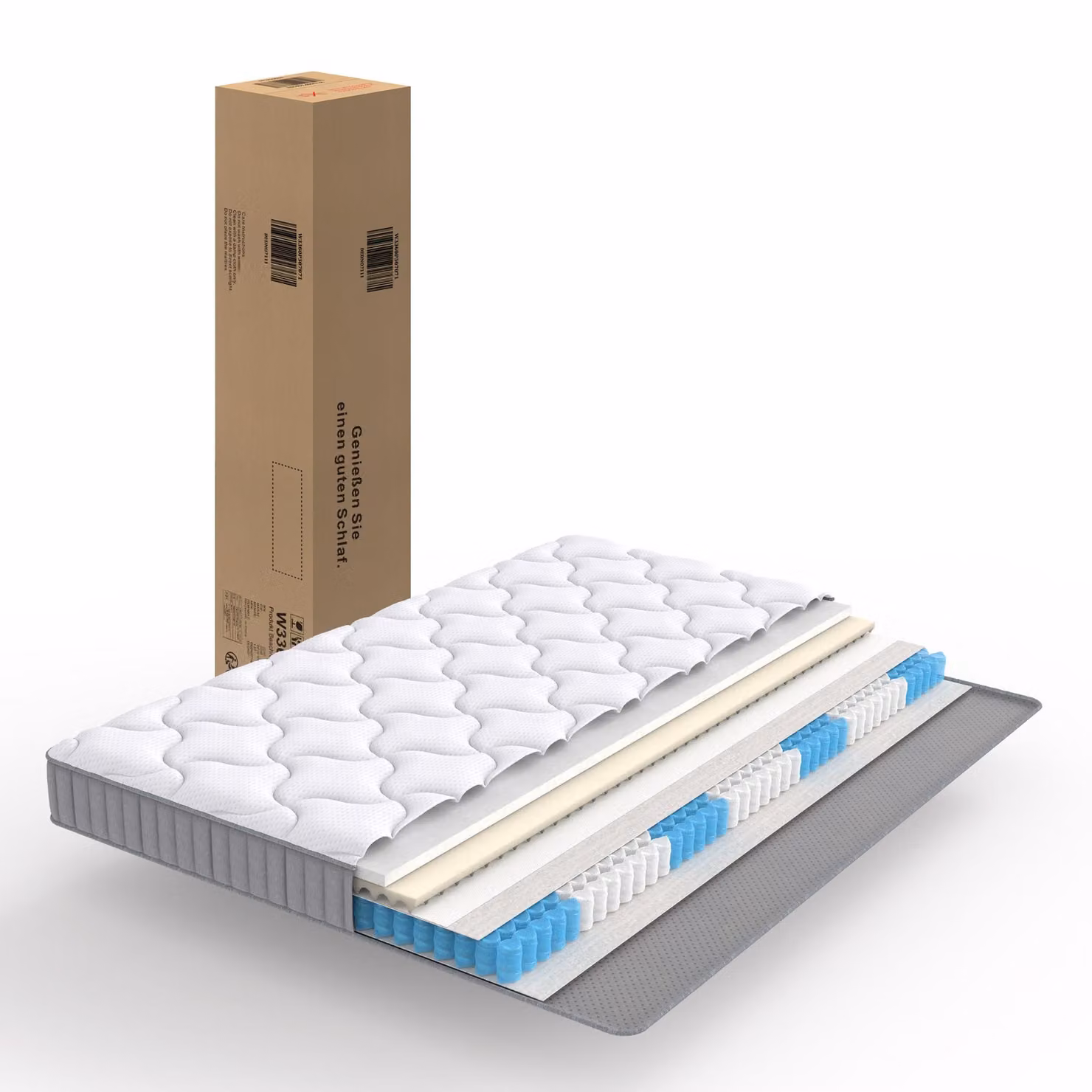 Materasso a molle insacchettate Flieks, 140x200 cm, materasso a molle, altezza 10 cm, supporto H3, materasso a molle insacchettate a 7 zone, materasso in schiuma, colore bianco