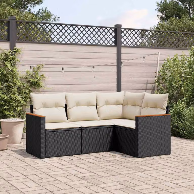 Set di divani da giardino vidaXL a forma di L composto da 4 pezzi in polyrattan nero con cuscini inclusi