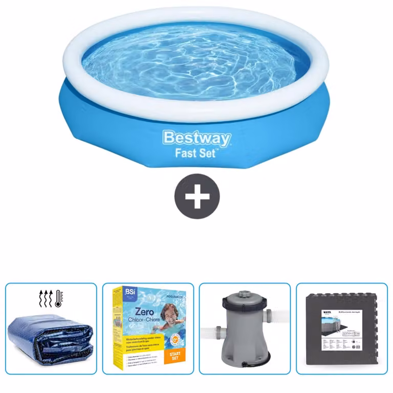 Piscina gonfiabile rotonda Bestway ad ambientazione rapida - 305 x 66 cm - blu - include tenda da sole - pacchetto manutenzione - pompa - pavimento in piastrelle