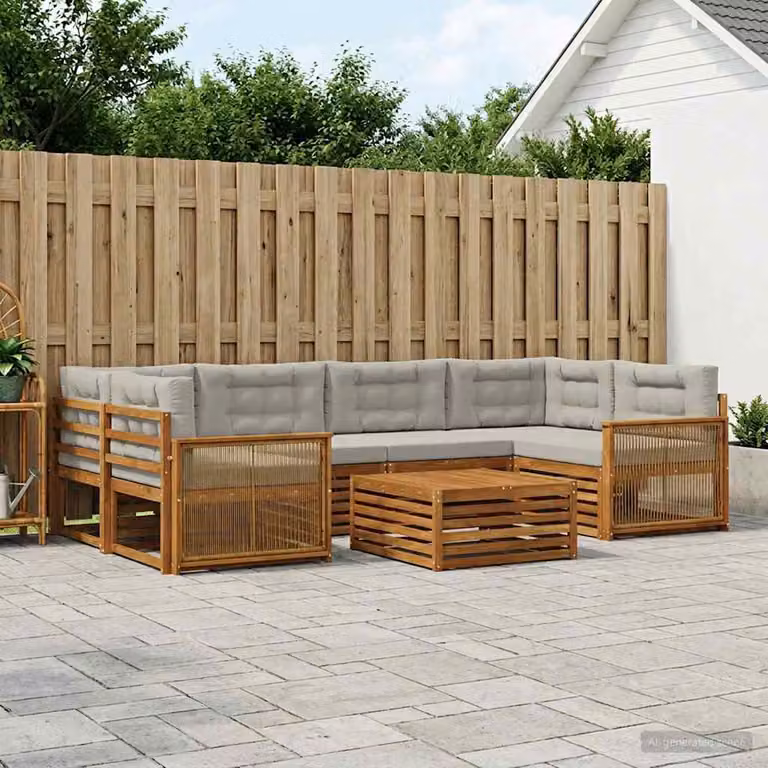 vidaXL Set di divani da esterno a L composto da 7 pezzi in legno di acacia con cuscini, colori beige, grigio e marrone