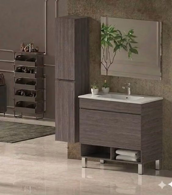 Mobile Bagno NEBARI com gambe Già Montato 1 cassetto, lavabo e specchio Rovere affumicato 100x45 cm con colonna