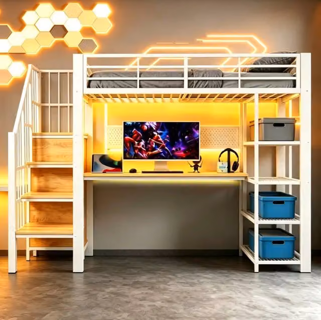 Letto a soppalco multifunzione 90x200 cm con scala contenitore; LED e prese; bianco