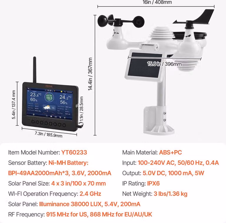 Stazione meteorologica - 7 funzioni - Wireless - Stazione meteorologica con schermo TFT da 186 mm e sensore esterno wireless