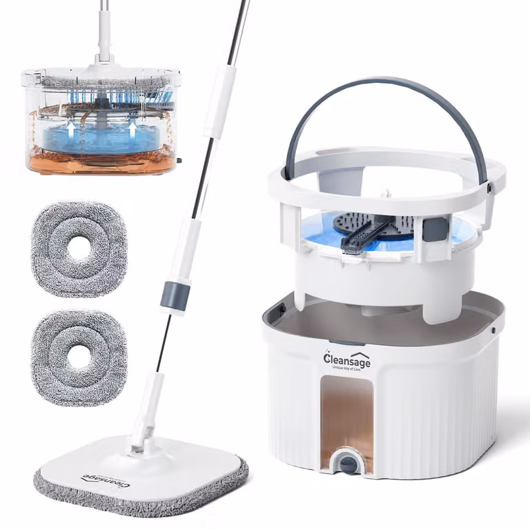 Set per la pulizia dei pavimenti con secchio dotato di sistema di strizzatura, girevole a 360°, con panno in microfibra e 3 dischi di ricambio