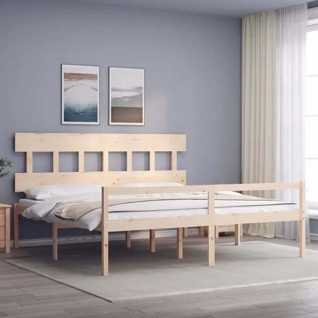 Letto per anziani vidaXL in legno massello di pino con testiera, stile rustico, L/P/H: 200 x 200 x 30 cm – 1