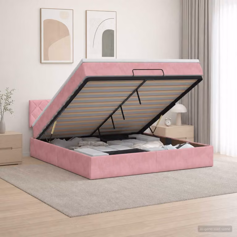 Letto Ottomano con Materasso e LED vidaXL in Velluto Rosa, con Base a Sollevamento e Porte USB, L: 140 cm, P: 190 cm