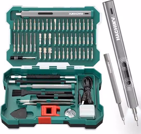 Kit di riparazione elettronica HYCHIKA 67-in-1 multicolore con 46 bit magnetici, cacciavite a batteria con LED, orologio e fotocamera integrati per la riparazione di telefoni, laptop e drone