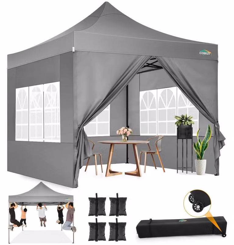 Gazebo pieghevole 3x3 metri, grigio, impermeabile, con 4 pannelli laterali e tasca per ruote