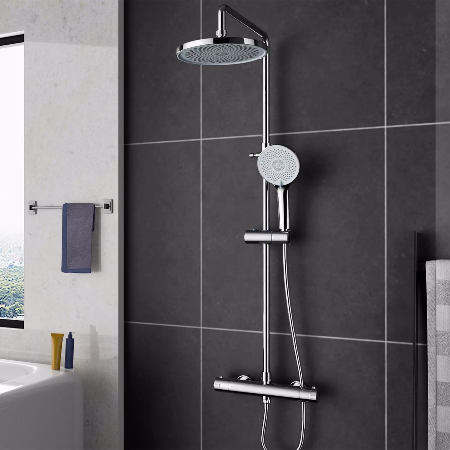 Set doccia con miscelatore termostatico - Altezza regolabile da 85 a 115 cm - Cromato