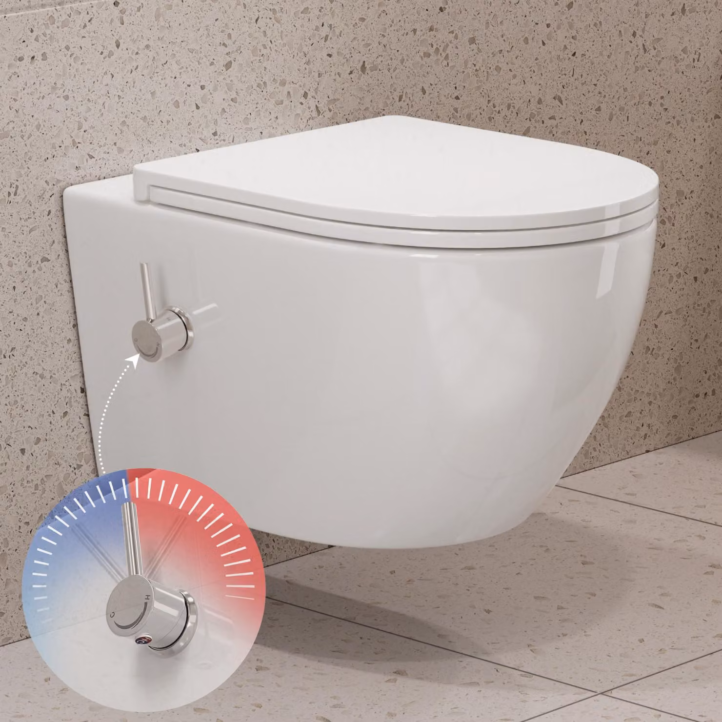 WC con doccetta integrata HOROW, WC sospeso senza brida con funzione bidet, WC Taharet con sedile WC con chiusura automatica, acqua calda e fredda, 49x36x36 cm