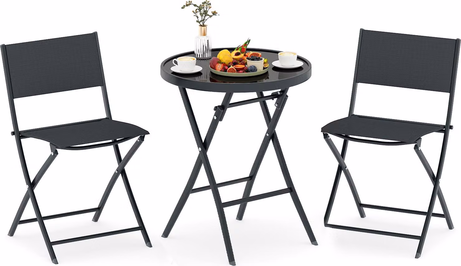 Set bistrot KOMFOTTEU, 3 pezzi, pieghevole, set da giardino in tessuto Textilene con struttura in metallo, tavolo e 2 sedie in vetro temperato, set da pranzo per balcone, Tereza
