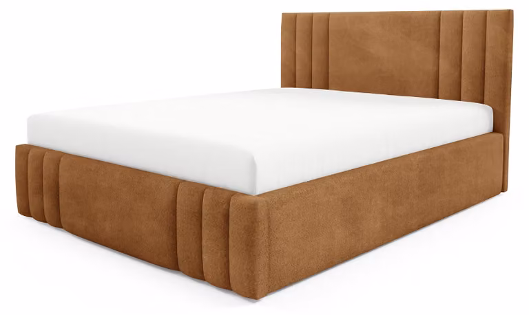Letto imbottito con contenitore, rivestito in tessuto color caramello, dimensioni 180 x 200 cm