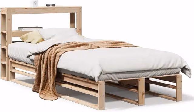Letto singolo per adulti in legno massello di pino naturale con ripiani laterali L/P/H: 190 x 90 x 82 cm