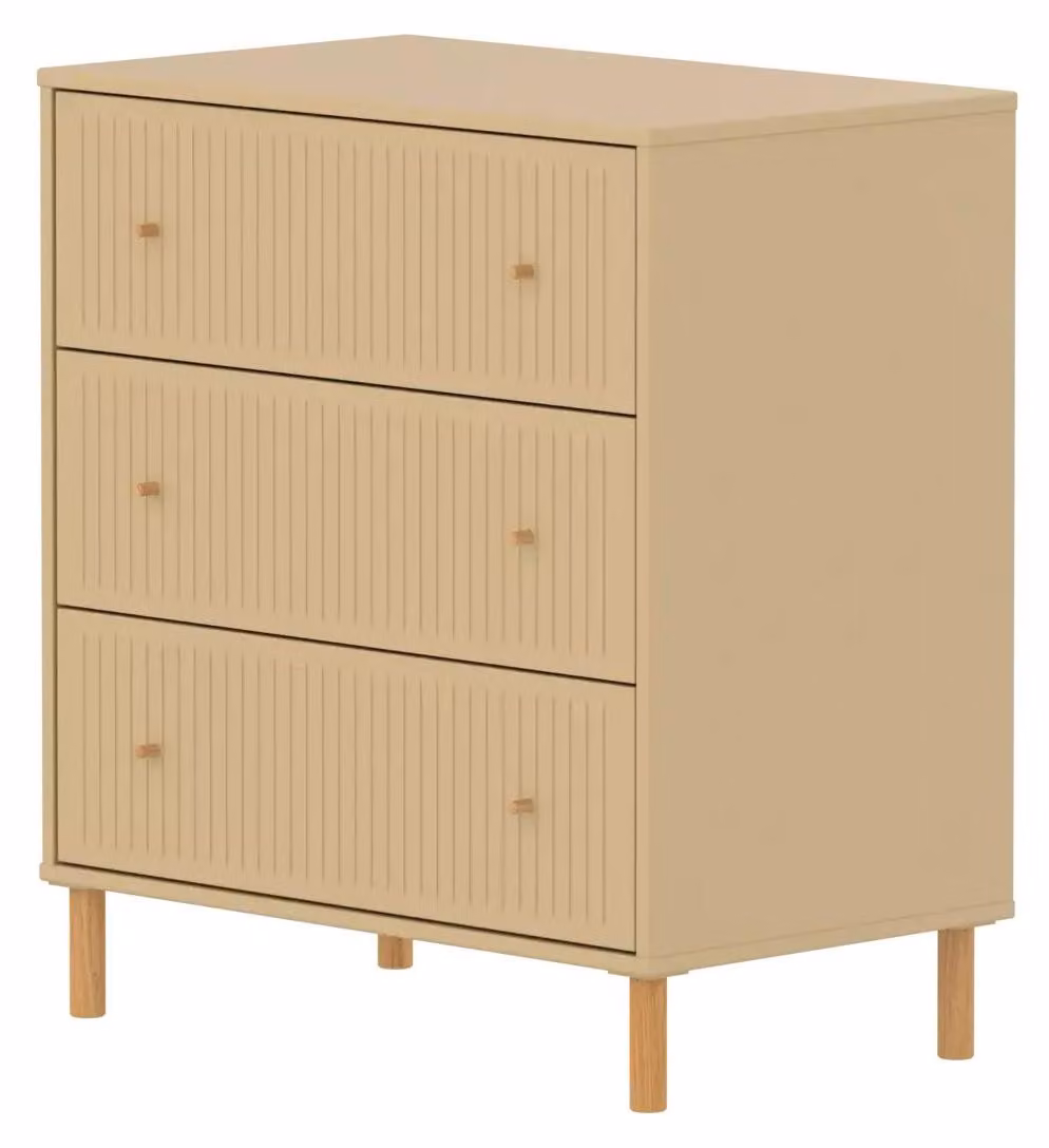 Flexa Cassettiera SAGA a 3 cassetti con frontali scanalati, color sabbia beige avena, gambe pomelli in rovere