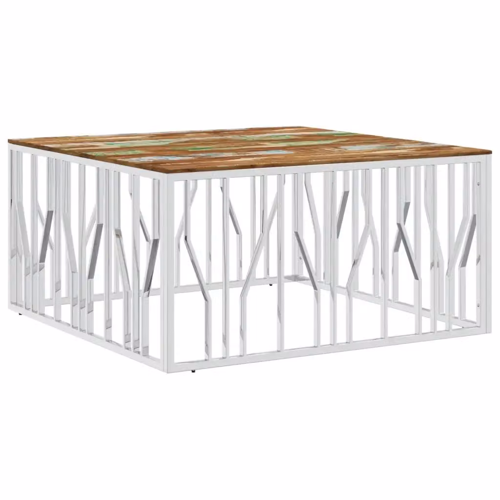 Tavolino da salotto moderno vidaXL in metallo argento e legno multicolore con design astratto e forma quadrata – 2