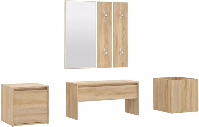 Set di Mobili da Corridoio Moderno in Legno Rovere con Panca, Specchio, Pannello e Scarpiera, Colore Marrone, L/P/H: 110 x 30,5 x 80 cm – 1